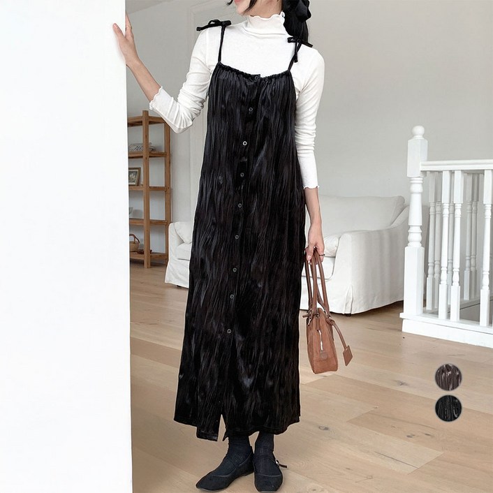 아피나르 여성용 텍스쳐 벨벳 스트랩 셔링 뷔스티에 드레스