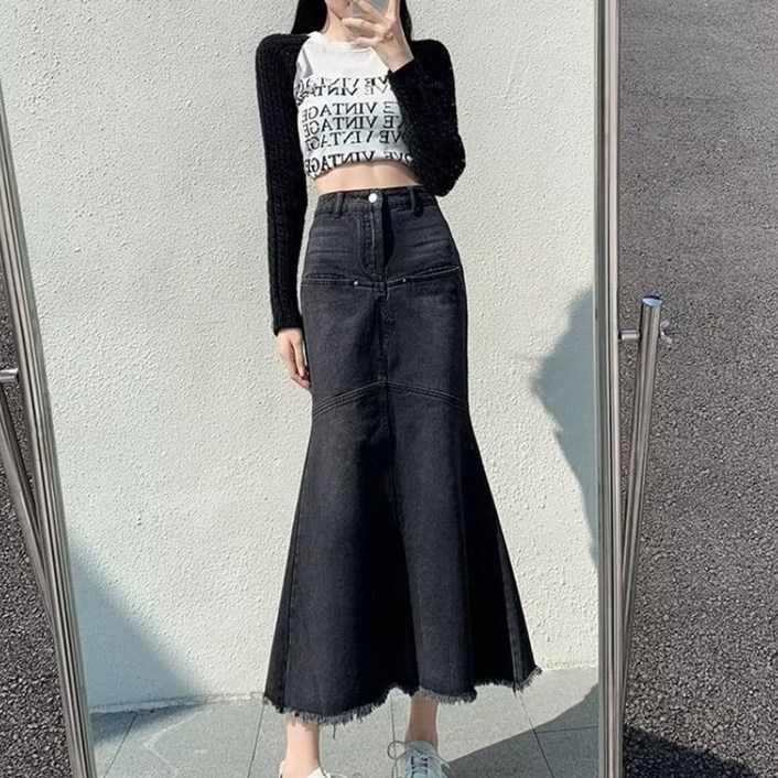 피어니스트 머메이드핏 캐주얼 데님 청 롱스커트