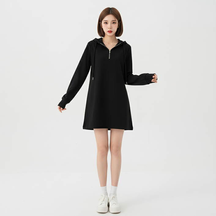 마켓피아 후드 집업 긴팔 미니 원피스