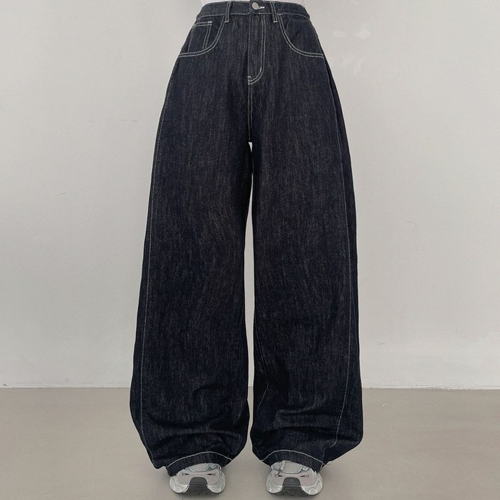 플랜데이 여성용 숏미디움롱 기장 클립 논페이드 생지 와이드 데님 팬츠