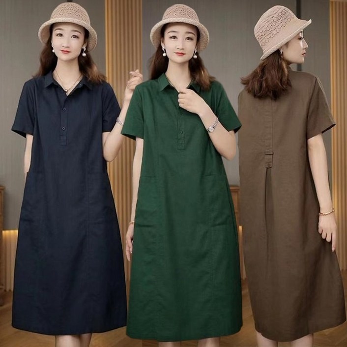 순색 면 마 원피스 여름치마 린넨 반팔 카라원피스 심플 포켓 미디스커트