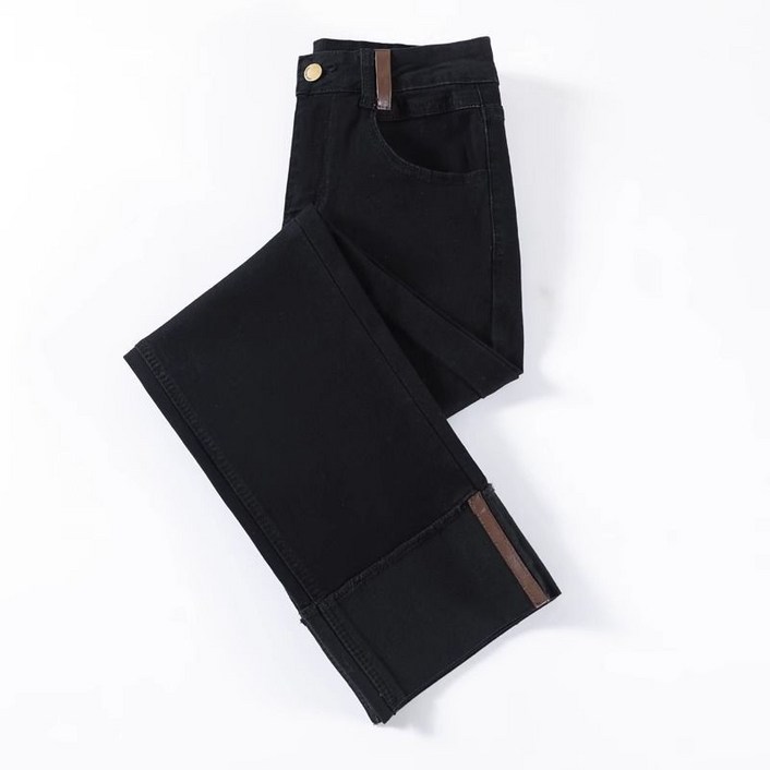 해피유통   여성 가을 겨울 데님 청바지 패션 캐주얼 직통바지 복고풍 빈티지 청바지 롤업 디테일 하이웨이스트  BJJ001