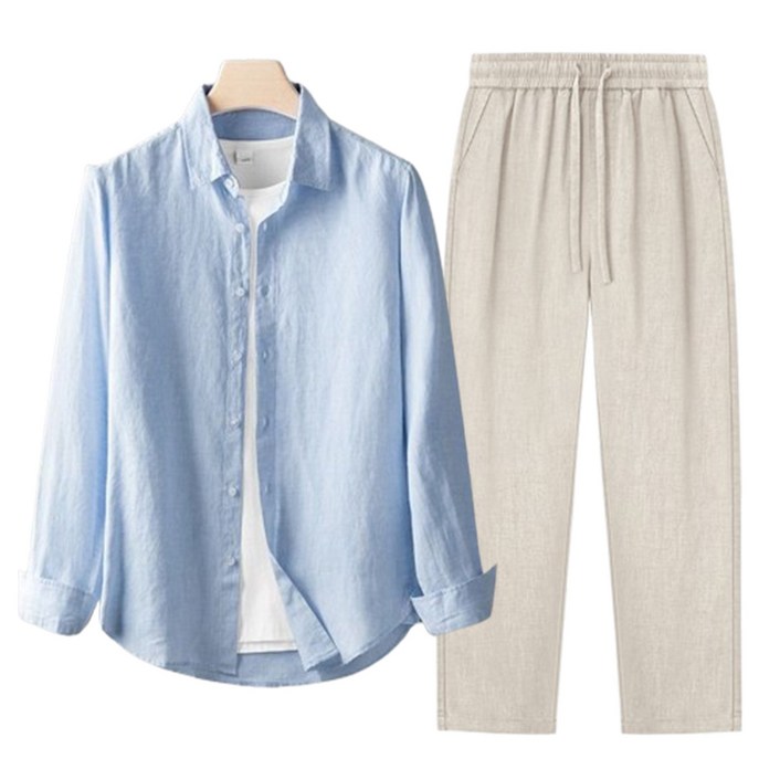 남성 린넨 셔츠 세트 긴팔 상하의 봄여름용 캐주얼 투피스 데일리 남자세트복