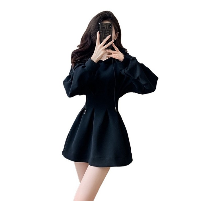 예니브 키작녀 가을 긴소매 후드 허리 조임 후디 원피스 A라인 슬림 미니 스커트 원피스