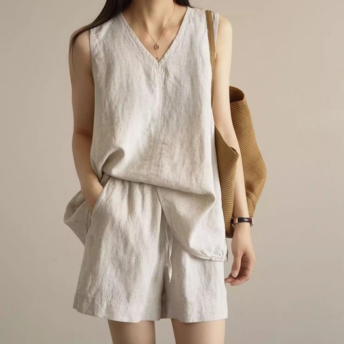 삼제태전 여성 여름용 얇은 면리넨 민소매 탑  반바지 세트 루즈핏 통기성 좋은 두피스
