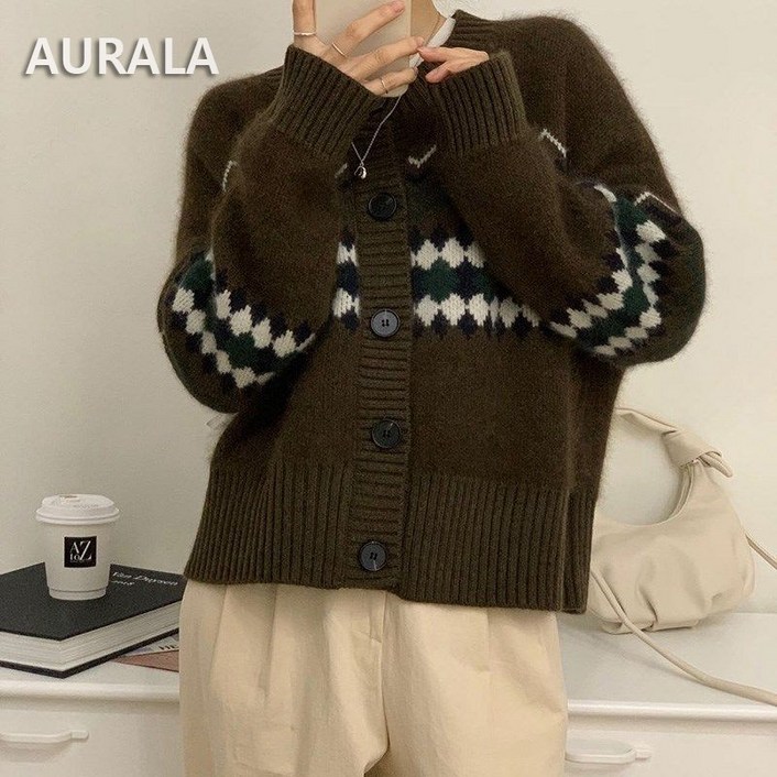 AURALA 여성 가을겨울 긴팔 니트 가디건 루즈핏 라운드넥 니트