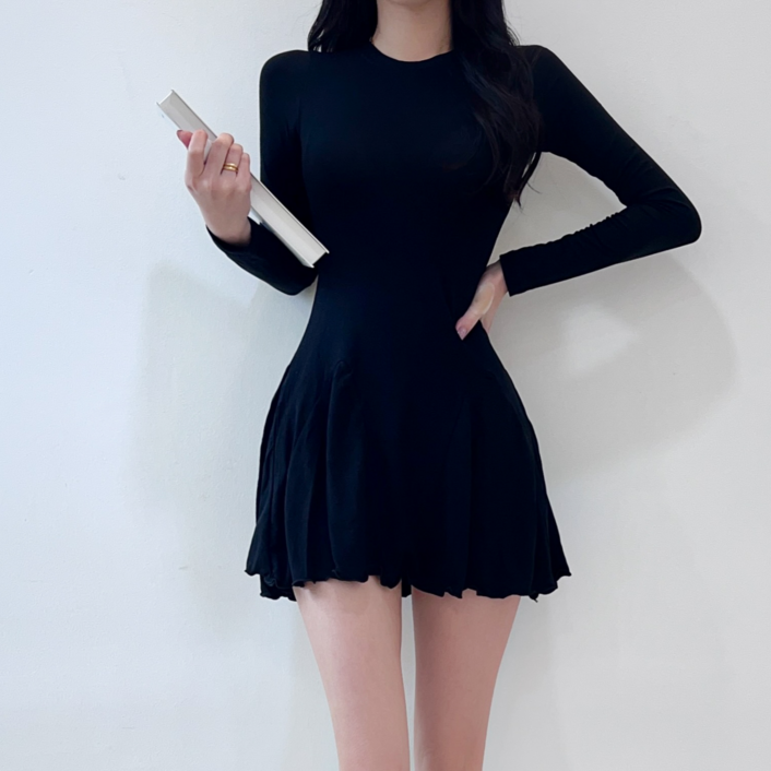 투디 베이직 라운드 긴팔 프릴 플레어 레이어드 미니 원피스, 3컬러