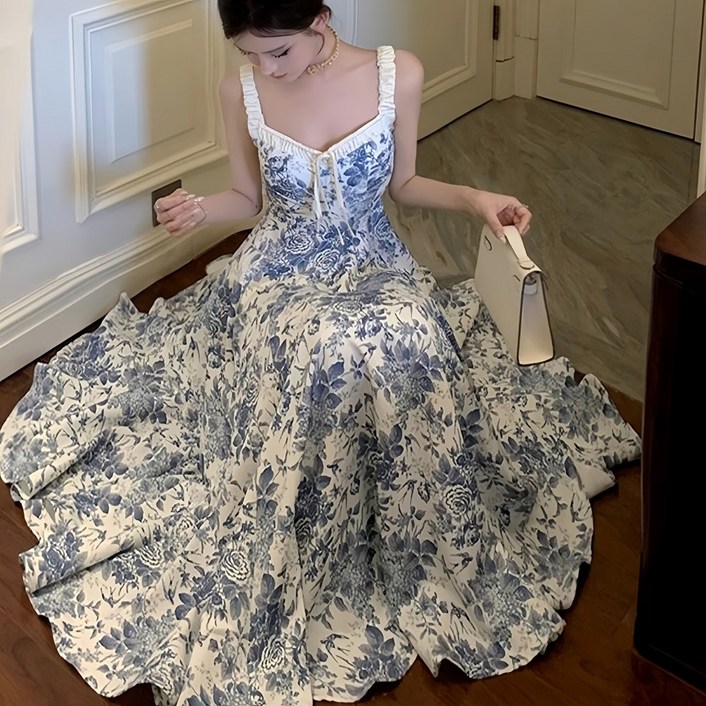 홍언목요 여성원피스 블루 유화 플라워 나시 원피스 휴양지룩 바캉스 비치웨어 롱 원피스