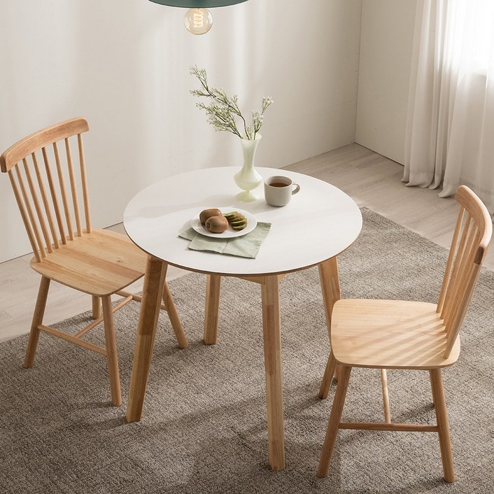 스페이스 원형 자작나무 원목 테이블, 화이트, 2인용