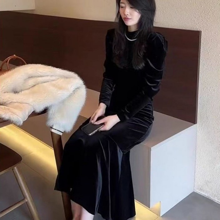 FANSYLI 벨벳 원피스 가을 겨울 여성 신상 긴팔 머메이드 원피스 패션 슬림 롱 랩 원피스 드레스 W2510O22