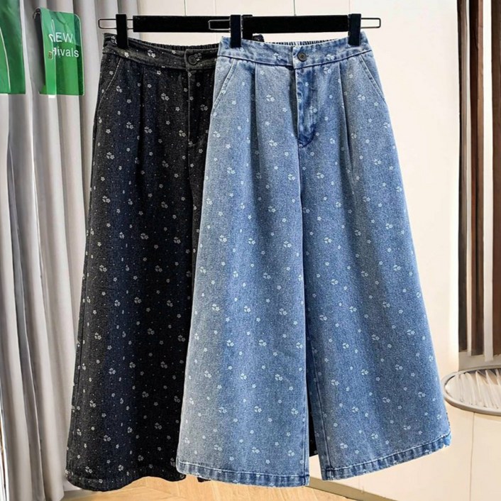 (다리 길어보이는) 빅사이즈 여성 플라워 플라워 와이드 데님팬츠 여름 편한 예쁜 하이웨이스트 패션 허리 밴딩 집업 통바지 날씬해보이는 포켓 블랙 진 블루 3xl 4xl 8부 청바지