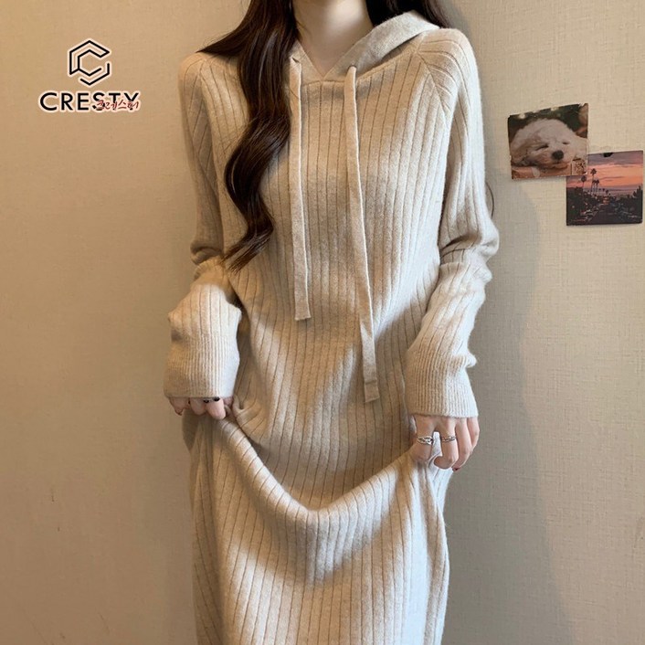 CRESTY 가을 겨울 골지 울 원피스 루즈핏 부드러운 니트 치마