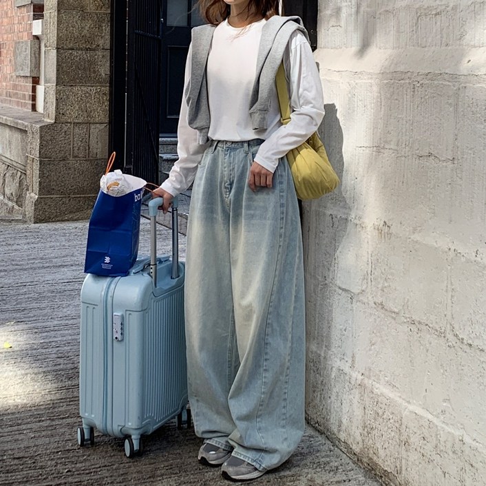 앤샵 롱,숏 기장선택빅사이즈2XL 여성용 트베리 워싱빈티지 벌룬 사이드절개 와이드 데님 청바지4color