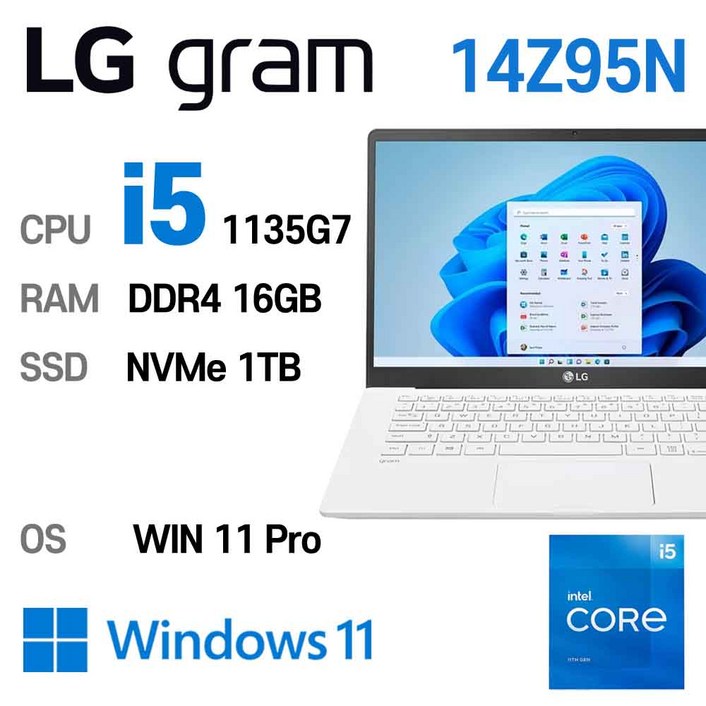 LG중고노트북 그램 14인치 인텔 11세대 core-i5 1135G7 16GB 윈도우11 Pro설치 14Z95N, 14Z95N-GP50NL, WIN11 Pro, 16GB, 1TB, 코어i5 1135G7, 스노우 화이트