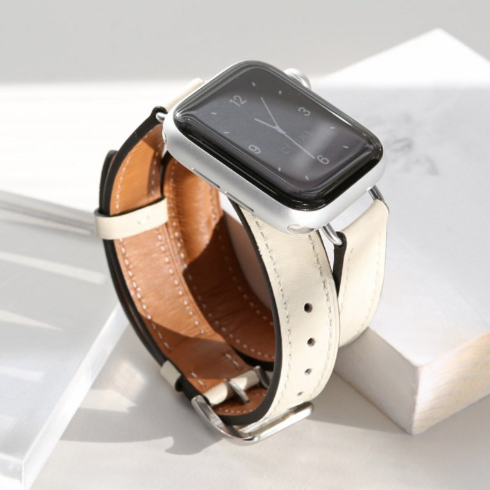 애플워치 호환 슬림 더블투어 가죽 스트랩 7 6 5 SE 40 41 44 45mm, 브라운, 1개