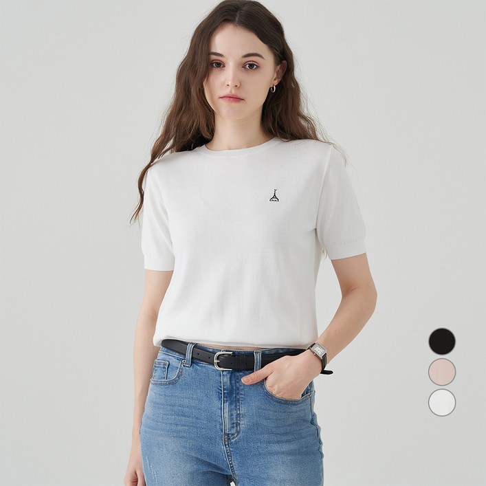 ELLE PARIS 여성용 시그니처 로고 자수 데일리 반팔 니트