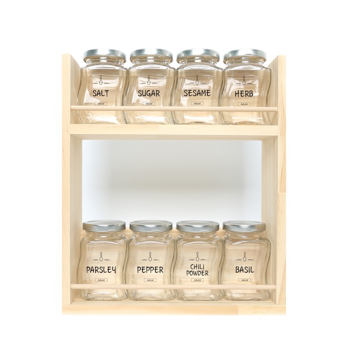 핸드팩토리 양념통 웨이브 스몰 실버캡 8p  2단 양념통 우드선반 대  내츄럴 라벨