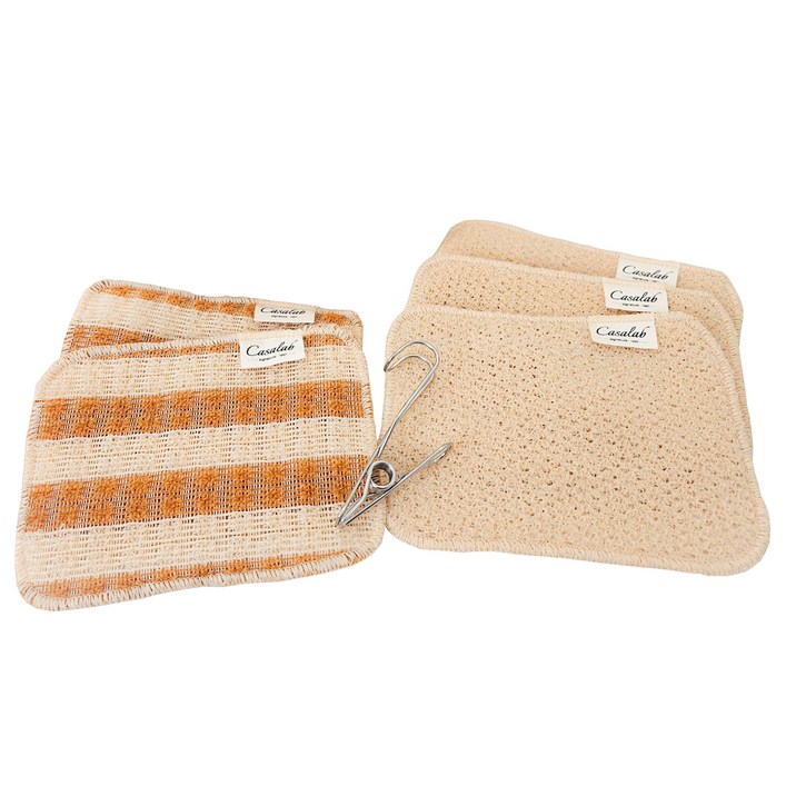 까사랩 시그니처 옥수수 수세미 베이지 3p  스트라이프 브라운 2p  집게, 1세트