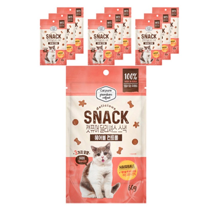 캣퓨어 고양이 딜리셔스 스낵, 10개, 60g, 헤어볼 컨트롤 캣퓨어 고양이 딜리셔스 스낵, 10개, 60g, 헤어볼 컨트롤