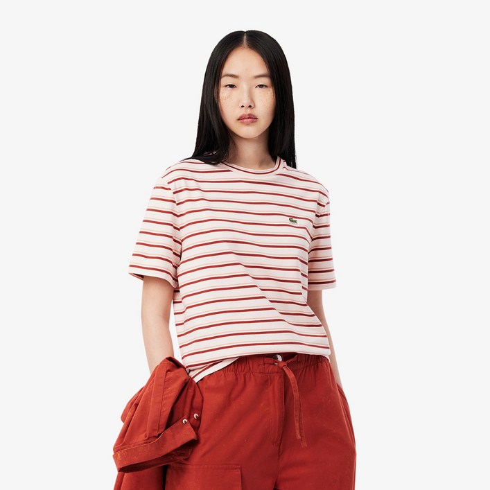 라코스테 여성용 멀티 스트라이프 반팔 면 티셔츠 TF0352-55G