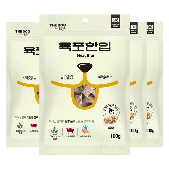 더독 강아지 소프트 생육 쫀득 육포한입 간식, 황태, 100g, 4개