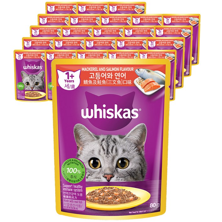 위스카스 어덜트 고양이 테이스티 믹스 주식파우치, 혼합맛고등어연어, 80g, 24개