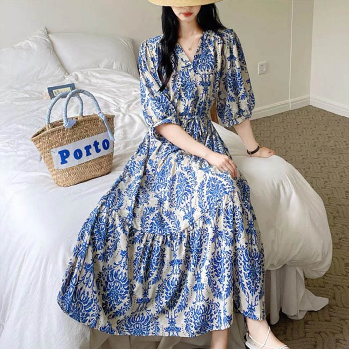 앤드스타일 여성용 로코패턴 랩 롱 원피스 261004