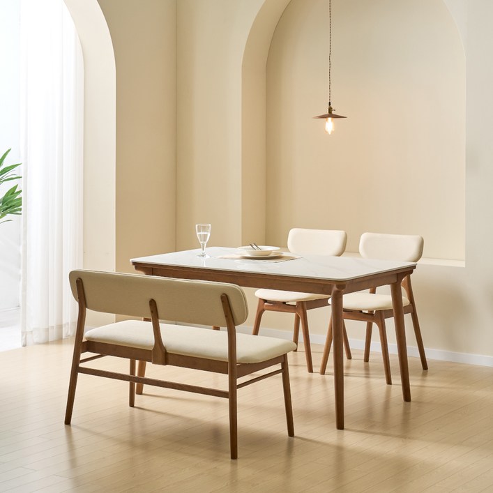 루시드퍼니처 라미 포세린 세라믹 원목 식탁의자세트 4인용 방문설치, 유광 비앙코 화이트 + 베이지 + 월넛, 일반 2 + 벤치 1