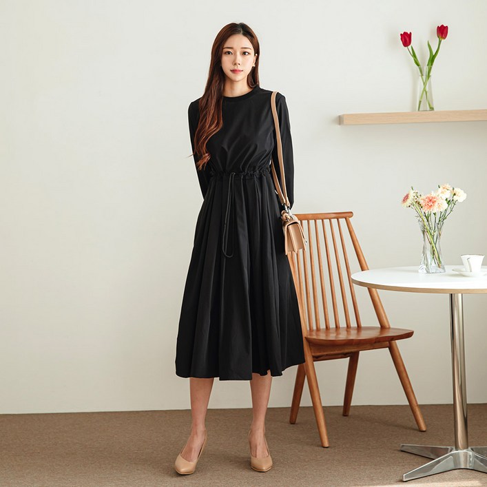 헤링본 긴팔 스트링 지퍼 링클프리 플리츠 롱원피스 HE047