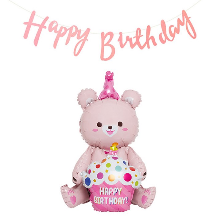 조이파티 스탠딩에어벌룬 생일곰 + 생일가랜드 캘리그래피 세트, 핑크(곰), 핑크(가랜드), 1세트 - 쇼핑앤샵