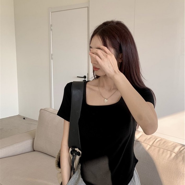 묘먀미 여성용 스퀘어넥 기본 무지 슬림 반팔 티셔츠 AA015 묘먀미 여성용 스퀘어넥 기본 무지 슬림 반팔 티셔츠 AA015