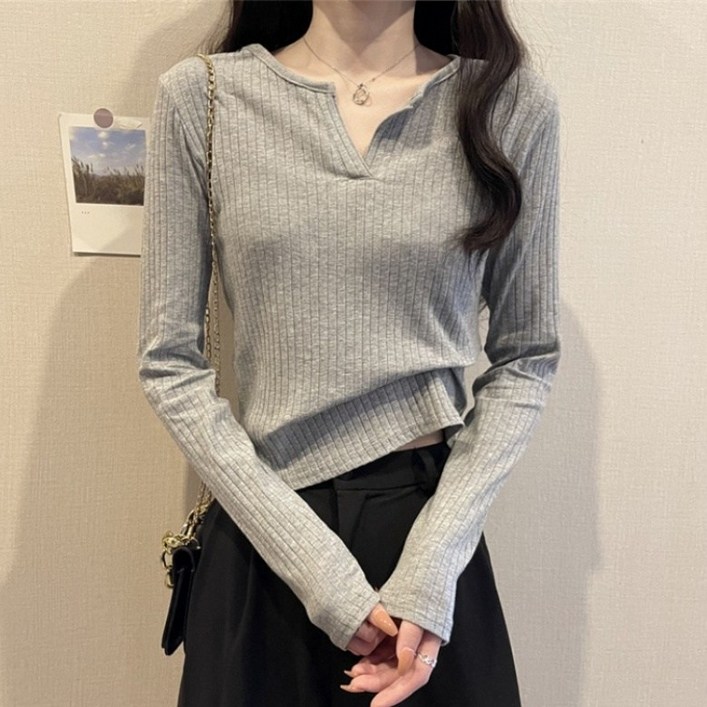 아이엠몽 여성용 슬림핏 브이넥 골지 크롭 긴소매 티셔츠 R6S029
