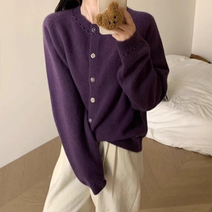 여성용 패션플로우 미드센트 체크버튼 빈티지 니트 가디건