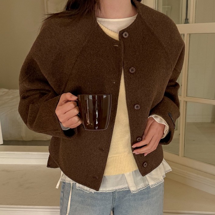 55120퀄리티 울 노카라 나그랑 핸드메이드 숏 코트 여성 빅사이즈 여자 플러스사이즈