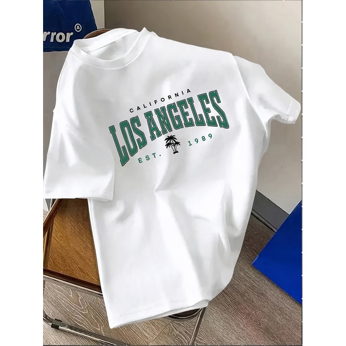 남성용 100 면 캐주얼 반팔 티셔츠, 로스앤젤레스 1899 그래픽 프린트  야자수 디자인  화이트 그린 레터링, 레귤러 핏 여름 스트리트웨어 필수품, 스타일리시한 도시 스타