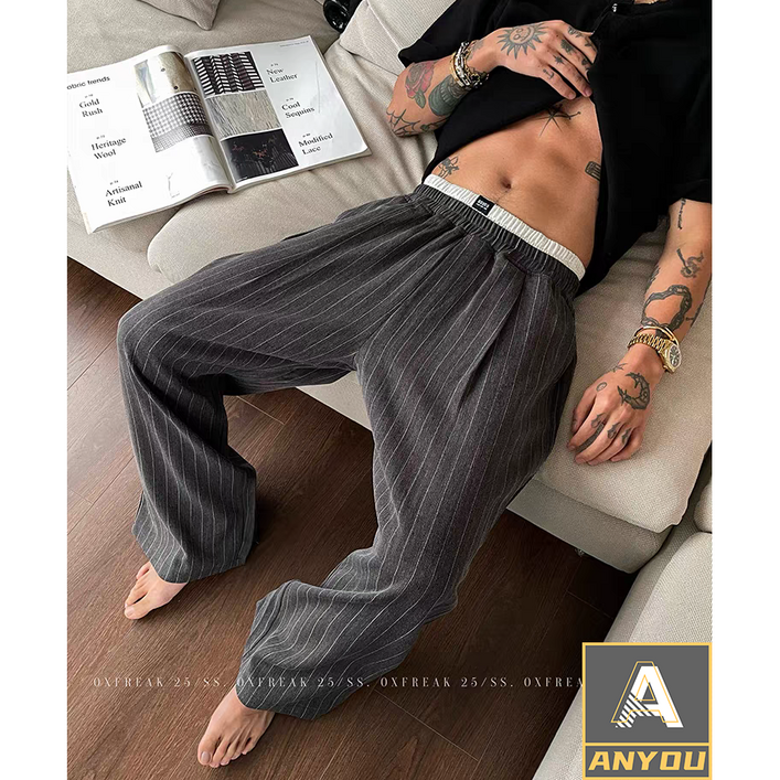 ANYOU 남성 스트라이프 와이드 팬츠 루즈 핏 팬츠 가을 팬츠