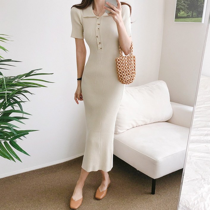 요시아나 당일발송 라피넴 슬림핏 카라넥 버튼 골지 니트 롱원피스 2컬러