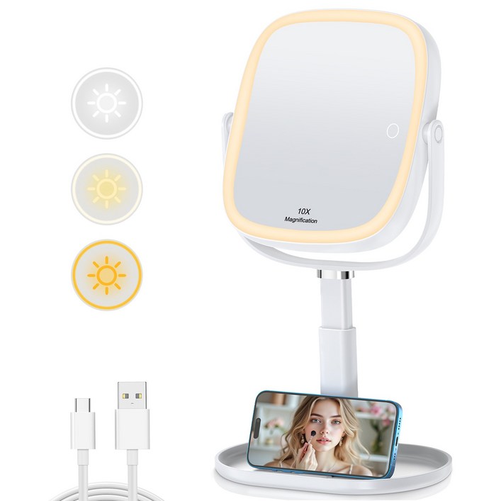 LED 조명 탁상 화장거울 360도회전 1배10배 확대 3000mAh, 화이트