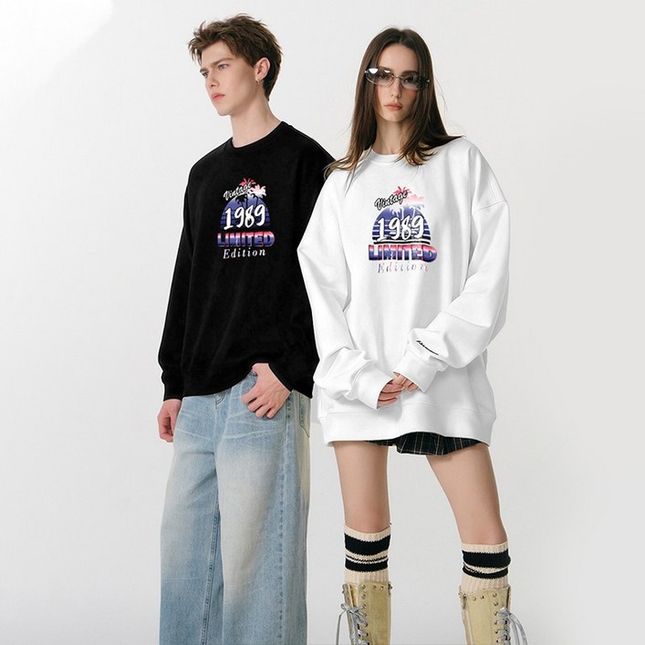 FONOW 남녀공용 빈티지 TST 1989 프린팅 가을 겨울 스탠다드핏 맨투맨