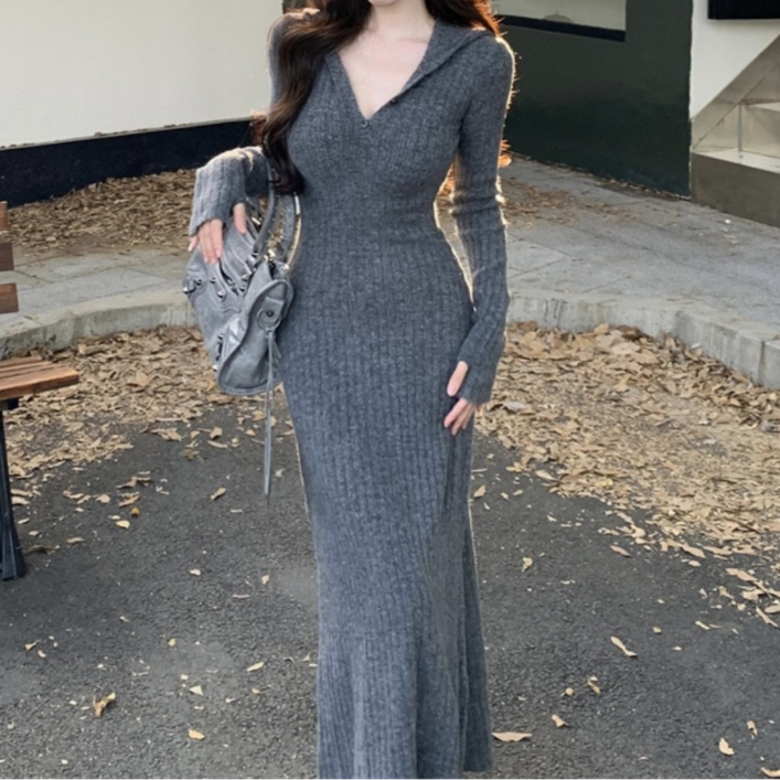 골지 니트 후드 롱 원피스 슬림 겨울 가을