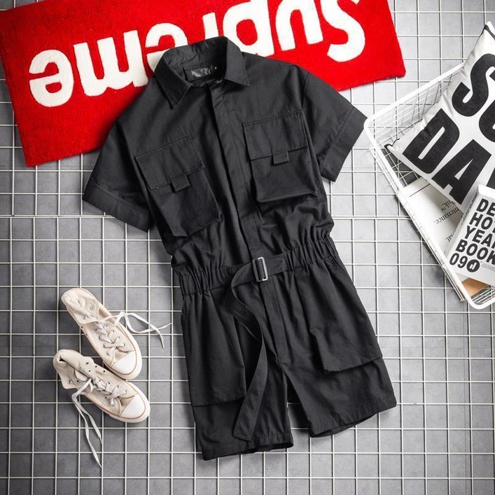 페이준 여름 카고 점프슈트 남성 루즈핏 반팔 점프슈트 남성 캐주얼 반바지 점프슈트 NT1076