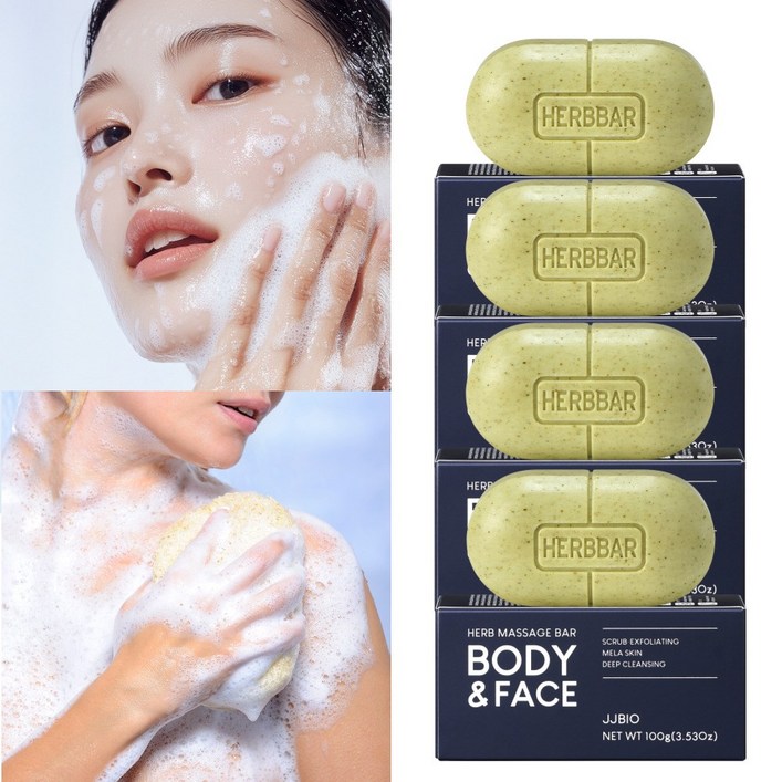 허브마사지바 올인원 항균 각질 잡티 사춘기 좁쌀 여드름 모낭염 피부 진정 땀냄새 부모님 노인 목욕 몸 냄새 체취 제거 세안 세수 바디워시 비누, 100g, 4개입