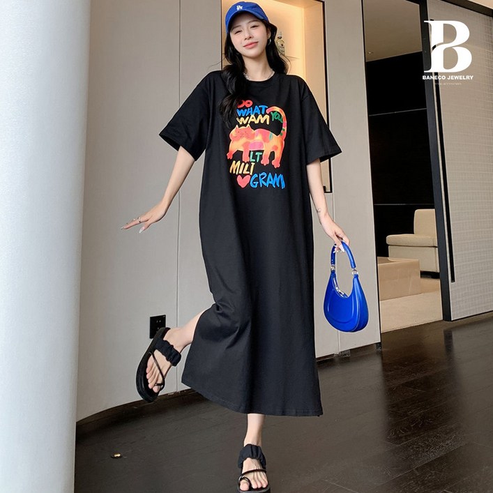 바네코 레인보우캣 빅사이즈 여성 박시 롱 원피스 티