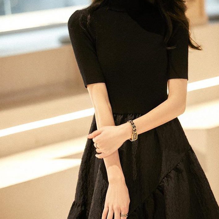 여성 봄 가을 하객 상견례 돌잔치 자가드 블랙 A라인 원피스