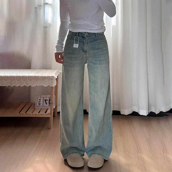 ZAJA여성 데님 팬츠 기본 와이드 데님 팬츠 연한 남색 날씬해 보이는