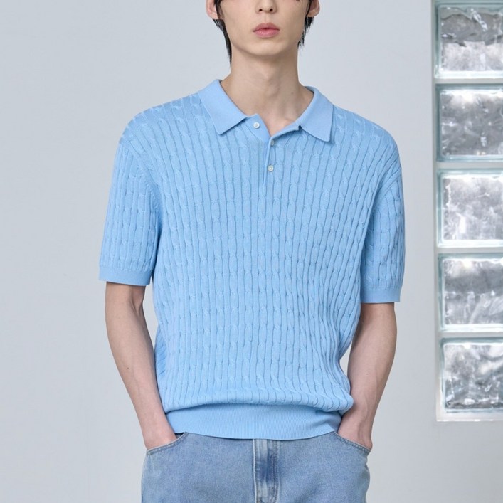 에이지오디 코튼 모달 워셔블 버튼 카라 케이블 하프 니트 반팔니트 반소매니트 캐주얼 데일리 남녀공용 케이블 하찌 반집업 오버핏