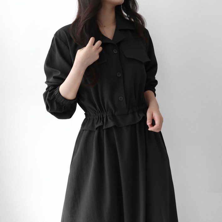 메리앤유 베이직 카라 셔츠 핏 스트링 롱 플레어 원피스