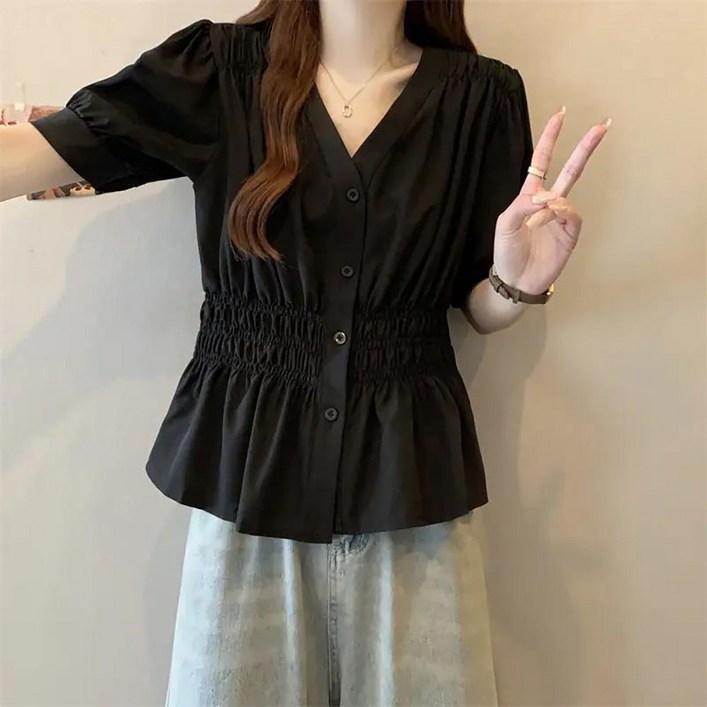 지고다그 여름 여성 브이넥 허리셔링 퍼프 반팔 블라우스 루즈핏 셔츠 상의 ZK3988