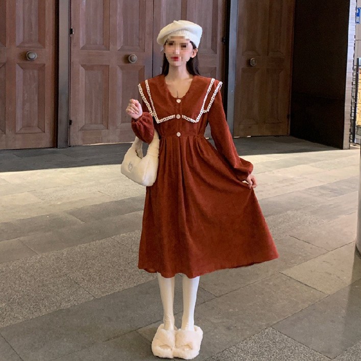 POMTOR 여성 빅사이즈 신상 빈티지 라운드 넥 원피스