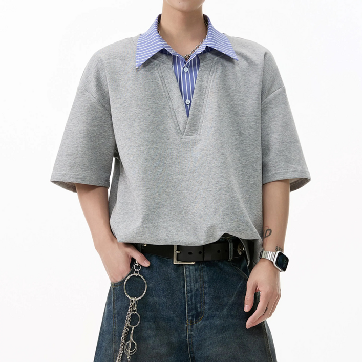 2026 남성 여름 빅사이즈  페이크 투피스 셔츠 칼라 와이드 반팔 남성 레이어드 패션 루즈핏 티셔츠